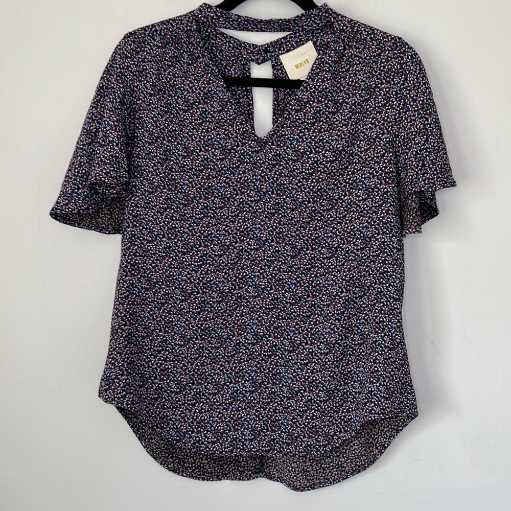 Anthropologie Navy Floral Short-Sleeve Blouse